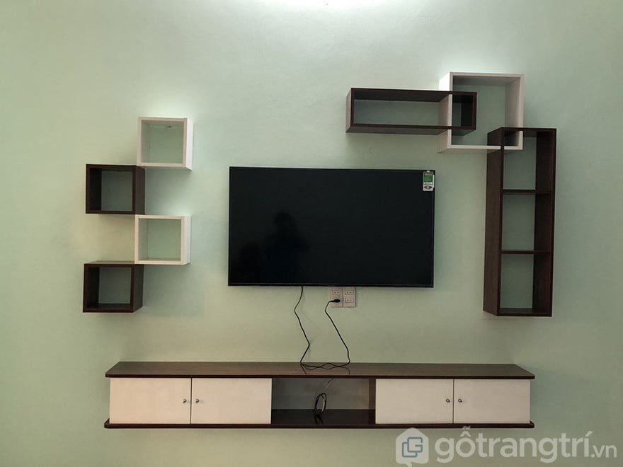 mẫu tủ tường bằng gỗ phòng khách