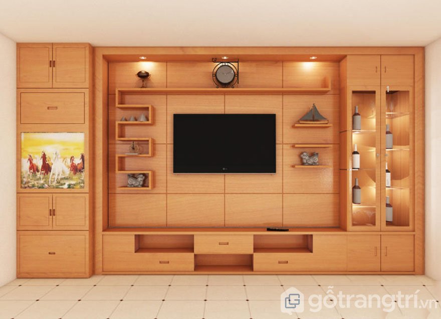 Mẫu tủ tường bằng gỗ phòng khách