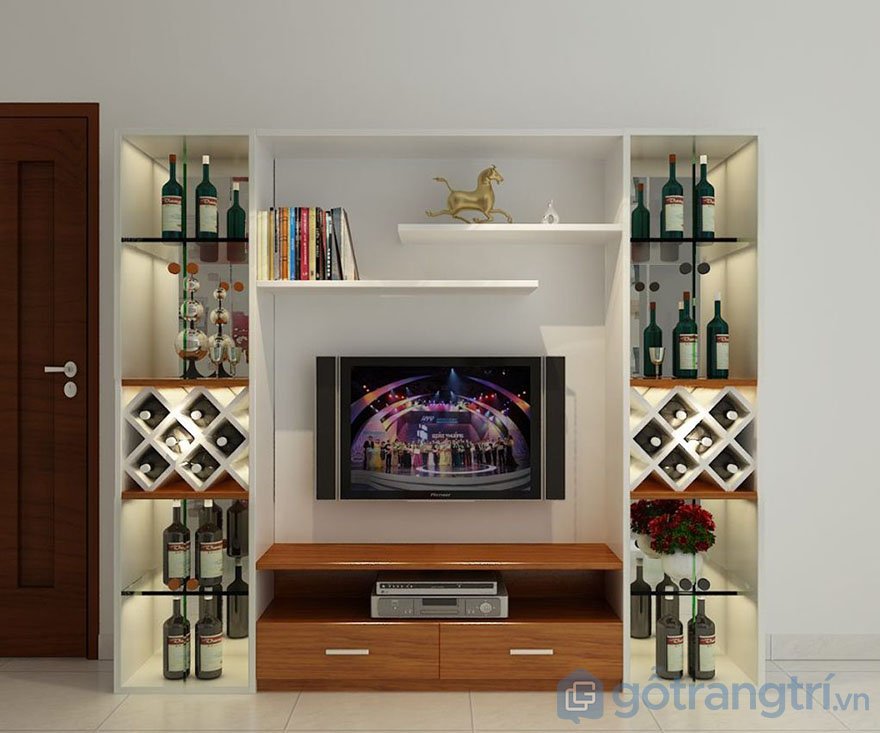 mẫu tủ tường bằng gỗ phòng khách