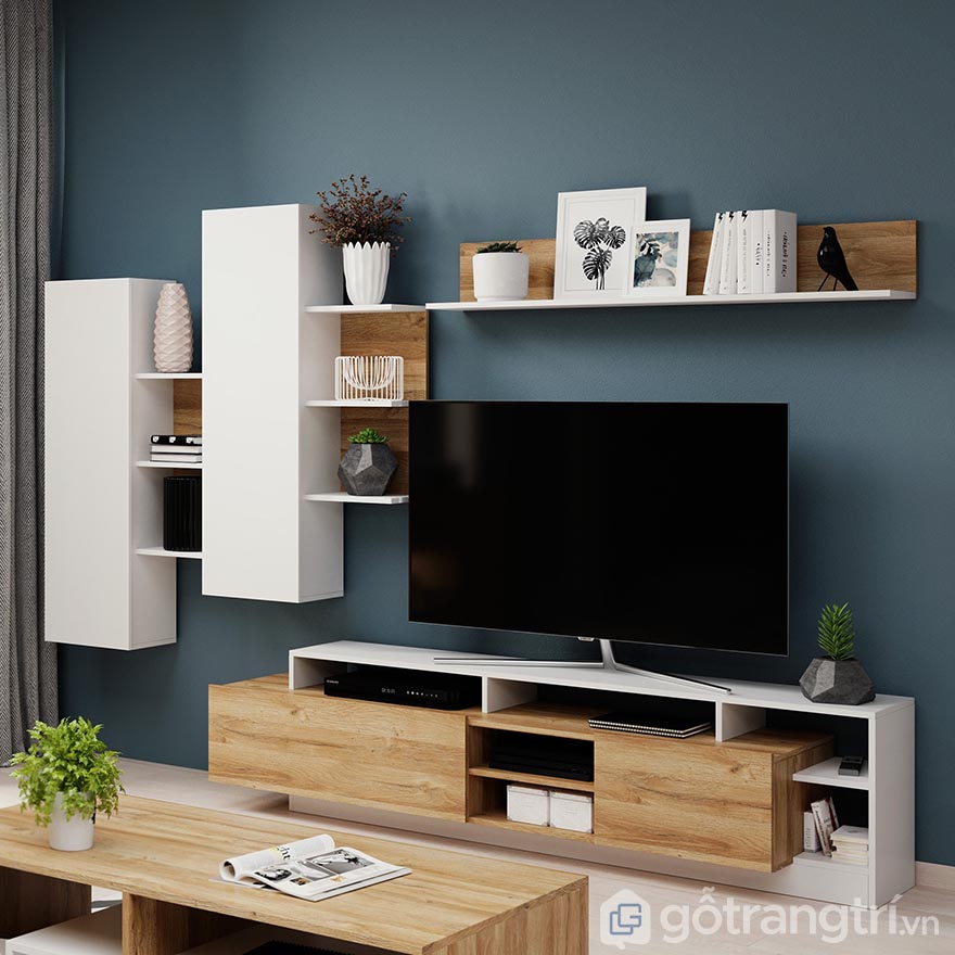mẫu tủ tường bằng gỗ phòng khách