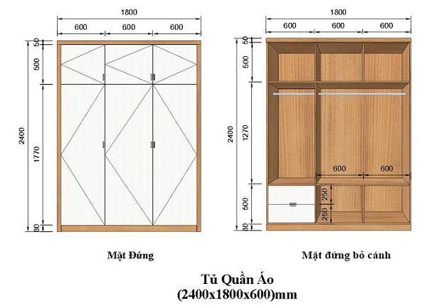 Kích thước tủ quần áo ba cánh