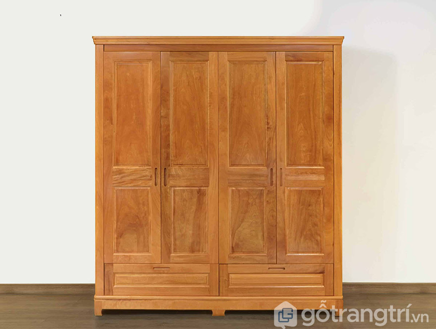 Mẫu tủ quần áo gỗ tự nhiên 4 cánh cửa mở