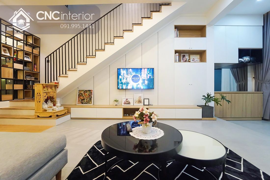 NHỮNG Ý TƯỞNG TẬN DỤNG GẦM CẦU THANG LÀM TỦ CỰC CHẤT 9 Tận dụng gầm cầu thang làm tủ tivi