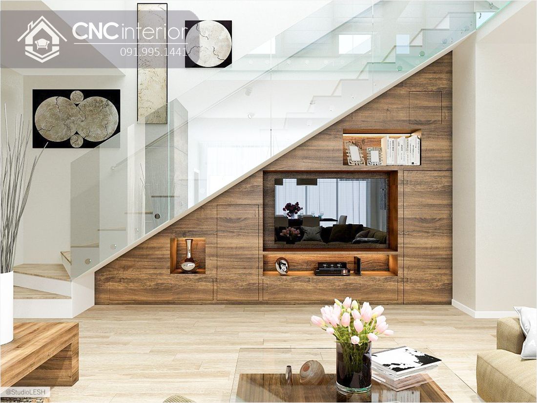NHỮNG Ý TƯỞNG TẬN DỤNG GẦM CẦU THANG LÀM TỦ CỰC CHẤT 8 Sáng tạo với thiết kế tủ tivi gầm cầu thang tiện nghi