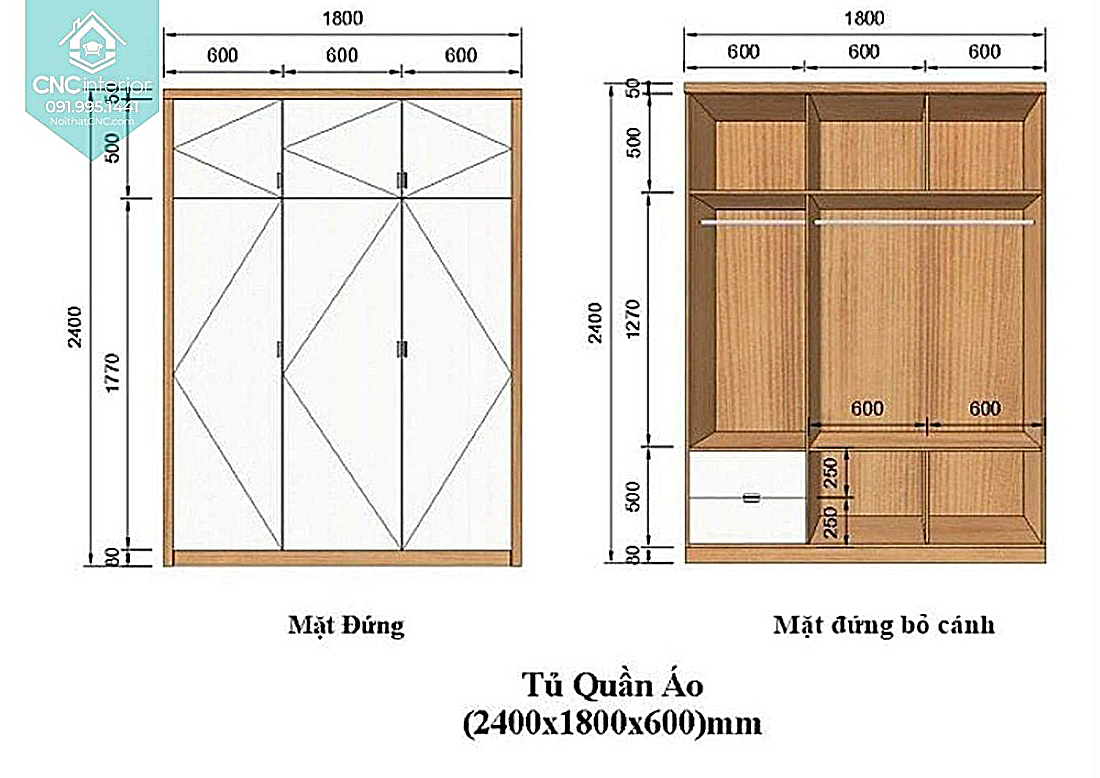 Kích thước tủ quần áo 3 cánh 