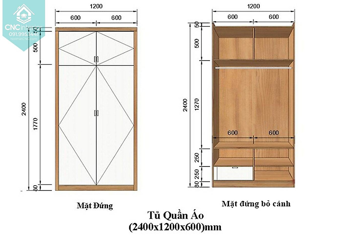 Kích thước tủ quần áo 2 cánh 