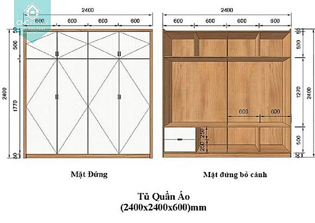 Kích thước tủ quần áo 4 cánh 