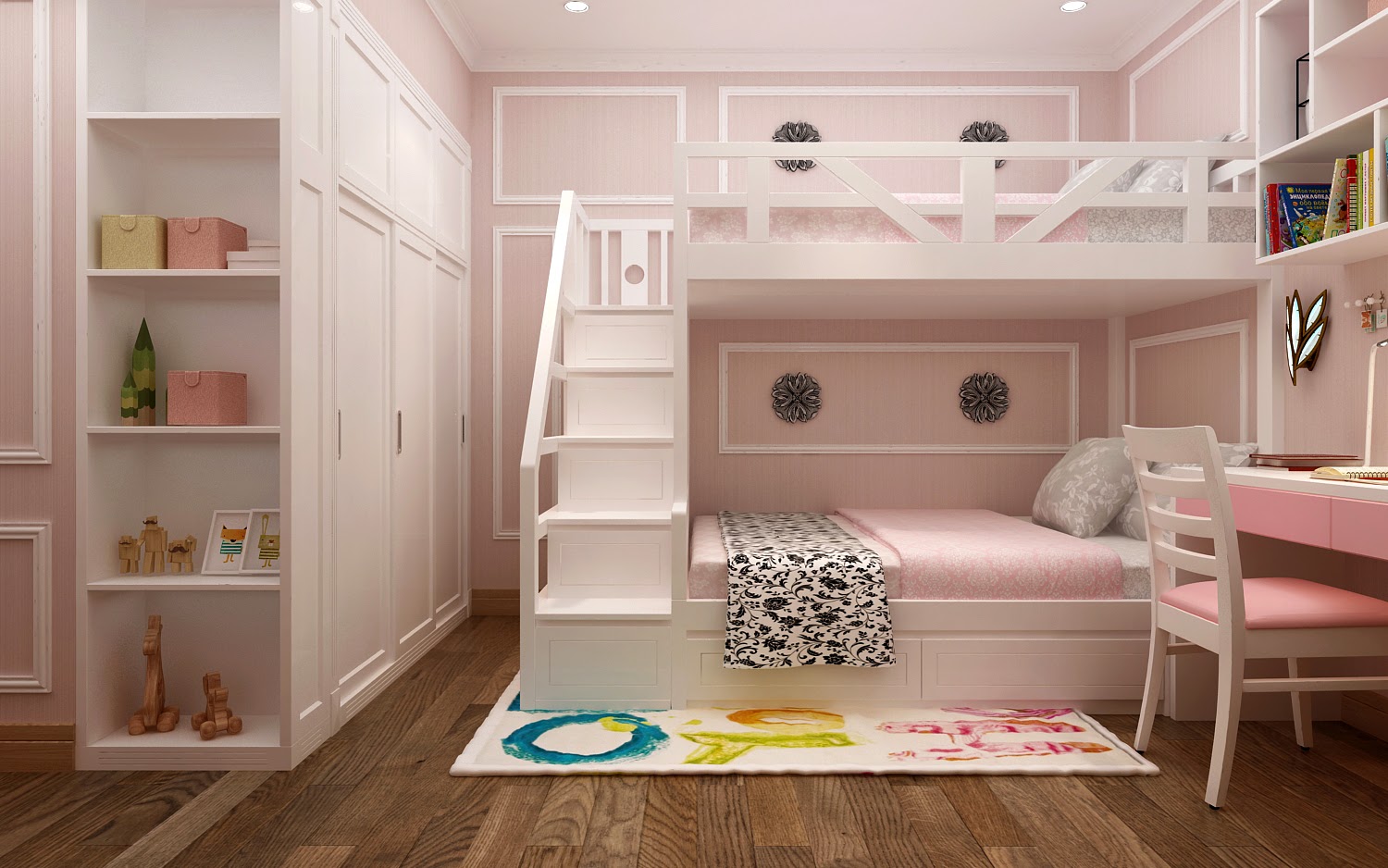 Giường tầng kết hợp tủ quần áo màu hồng 